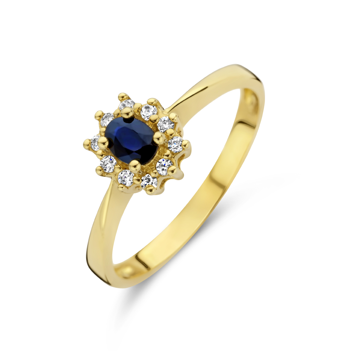 Beschrijving: Ring in de stijl van de bekende verlovingsring van prinses Diana. Sieraden met Koninklijke allure. Details: Geelgouden ring met een rozet van saffier en diamant. De ring is onderdeel van een set. 
Ringmaat: 16.50 mm (52)
Breedte: 7 mm
Zetting: entourage (chatonzetting)
