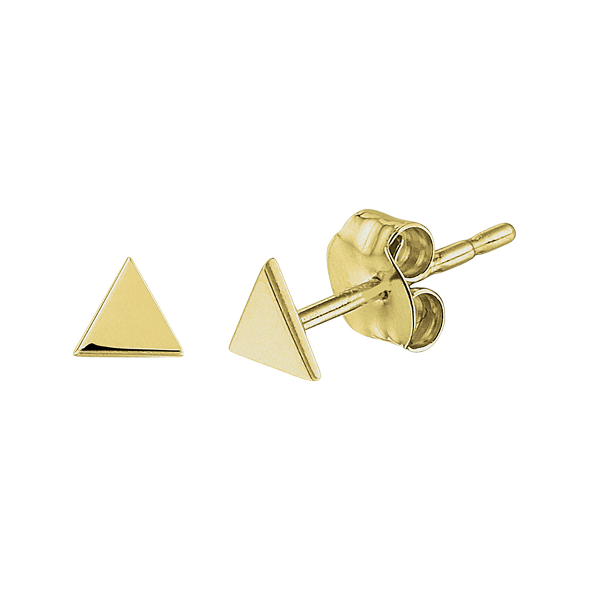 Trendy geelgouden driehoek oorknoppen van 4.5x4.5mm met een poli afwerking en stevige pousette sluiting