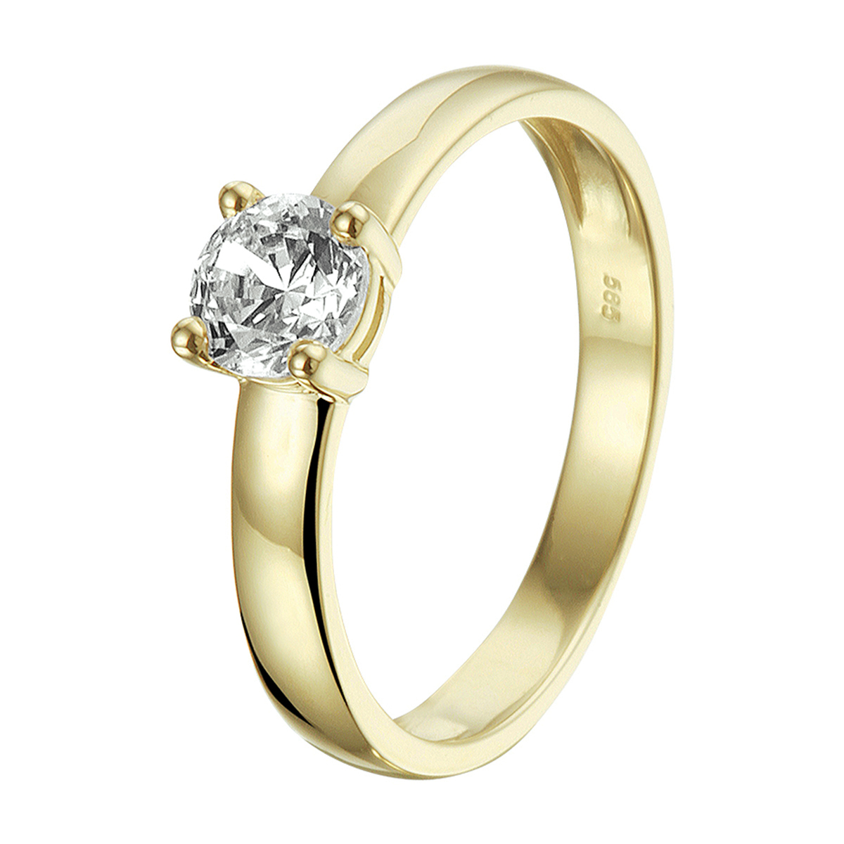 Stijlvolle geelgouden ring met een schitterende zirkonia van 5mm. Tip: Combineer deze ring met bijpassende sieraden uit onze collectie of vanuit je eigen stash en creeer zo elke keer weer een nieuwe look.