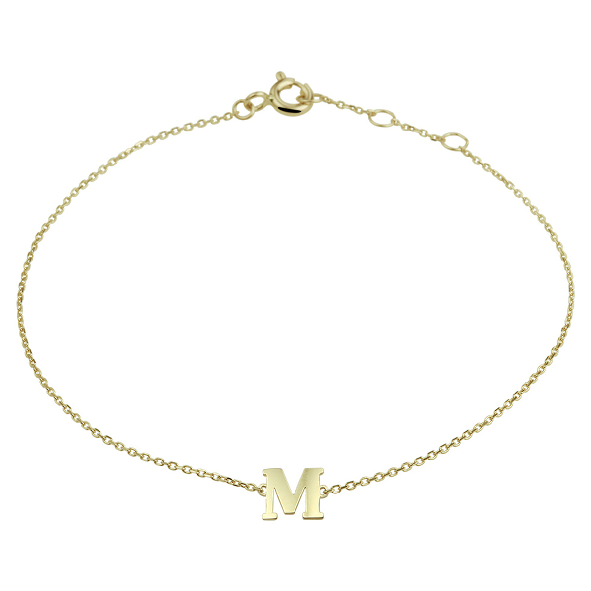 14k Geelgouden anker armband uitgevoerd met de letter M. De armband heeft draaglengtes van 16.5, 17.5 en 18.5cm. De letter heeft een afmeting van 6x6.5mm.