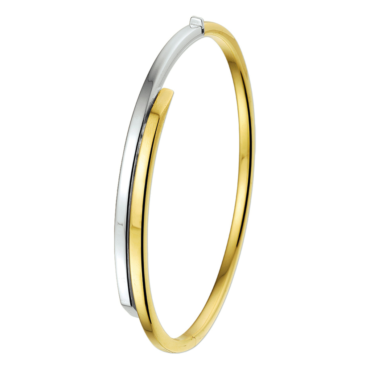 Beschrijving: Bicolor wit- en geellgouden slavenarmband met een vlakke buis en een scharnier-sluiting. 
Verpakt per: 1
Doelgroep: dames
Breedte: 6 mm