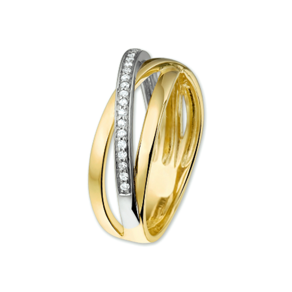 14 karaat gouden bi-colour fantasie  -boogjes met een rijtje diamant -  in briljant geslepen -  gezet van in totaal  0.10 crt.