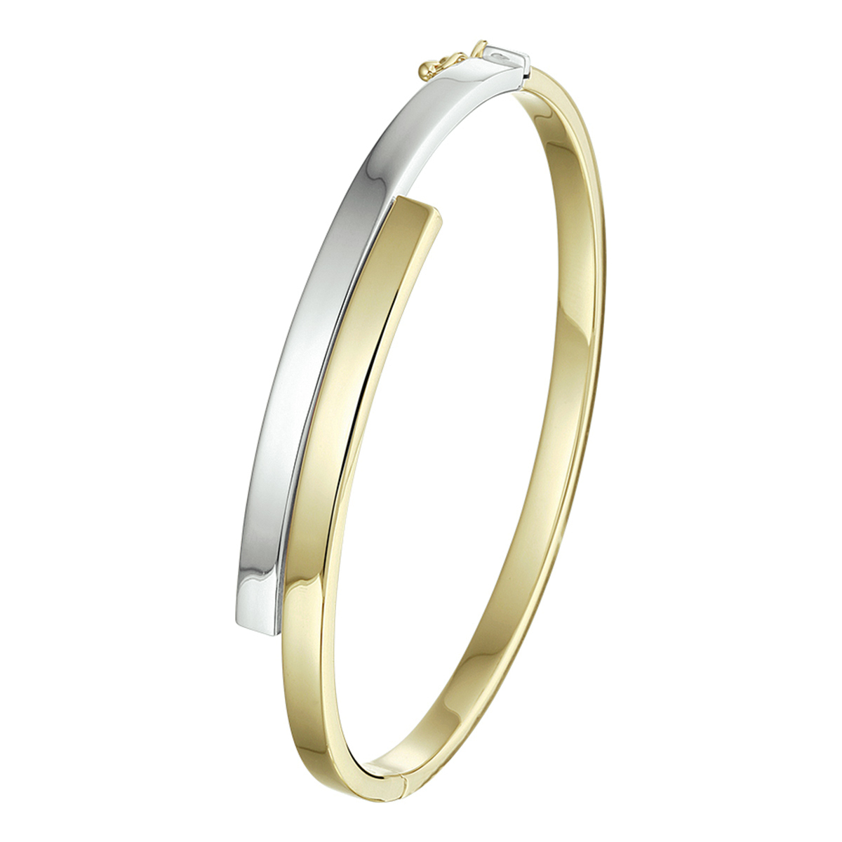 14k Bicolor wit- en geelgouden bangle met scharnier. De bangle heeft een breedte van 9mm en een binnendiameter van 61.5mm.