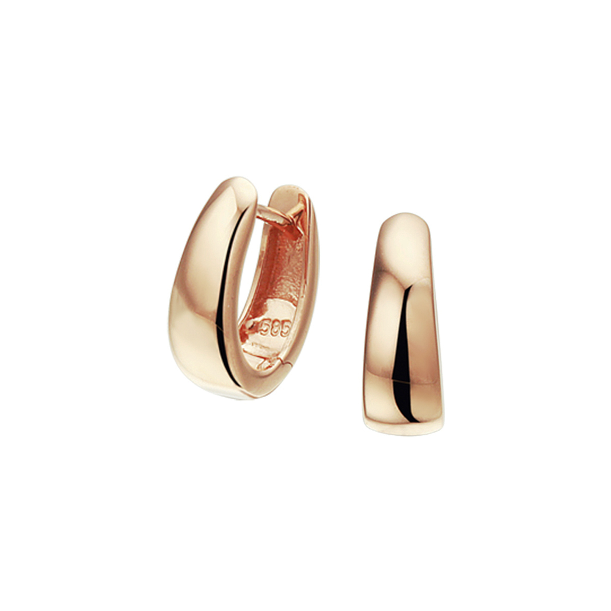 Chique rosegouden klapoorringen met een afmeting van 12x4.5mm uitgevoerd met een stevige scharnier sluiting. De sierlijke vorm met zijn prachtige rondingen zorgen voor een luxe uitstraling. Deze klapoorringen zullen uw outfit een betoverende uitstraling geven.