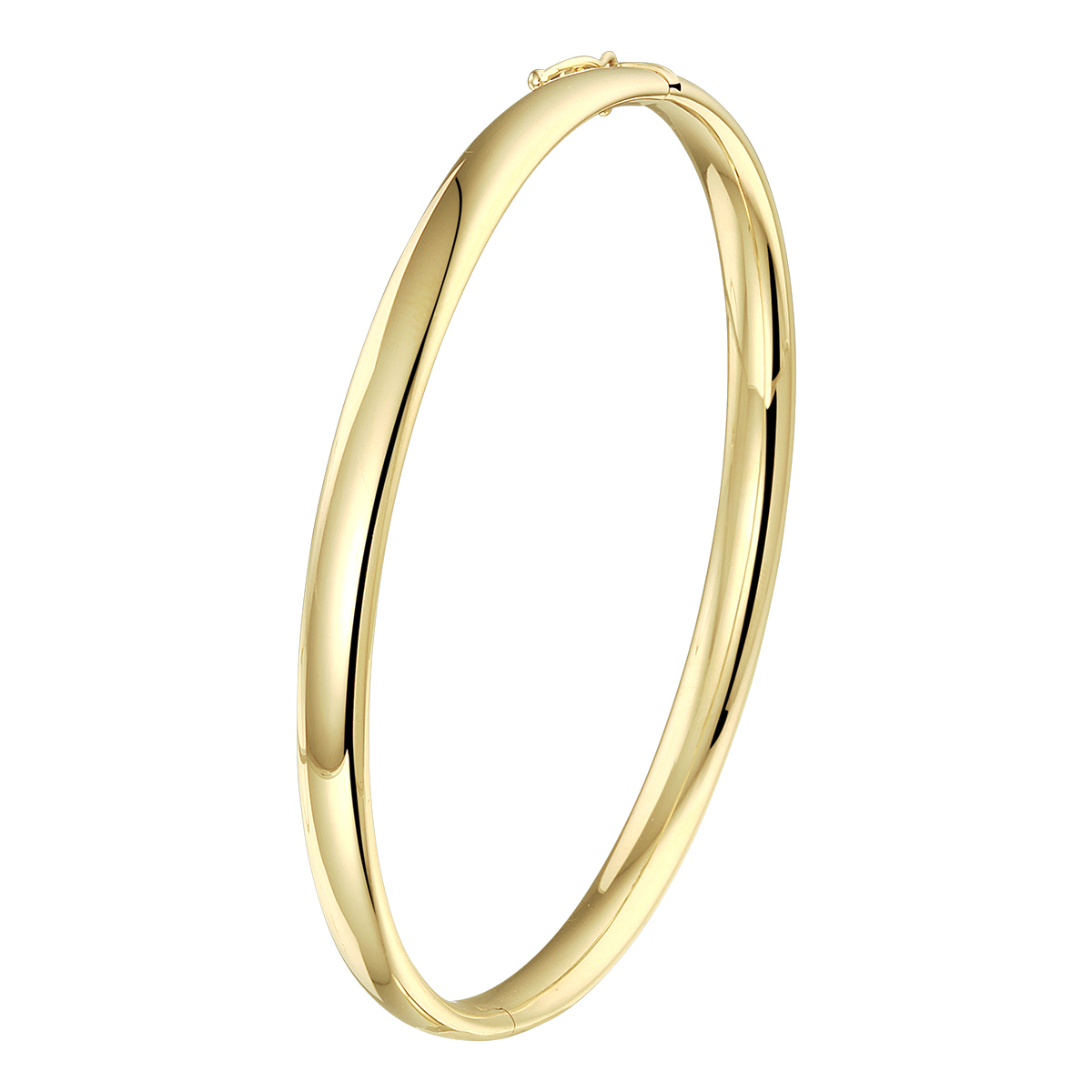 14k Geelgouden bangle uitgevoerd met een scharnier. De bangle heeft een breedte van 5mm en een binnendiameter van 60mm.
