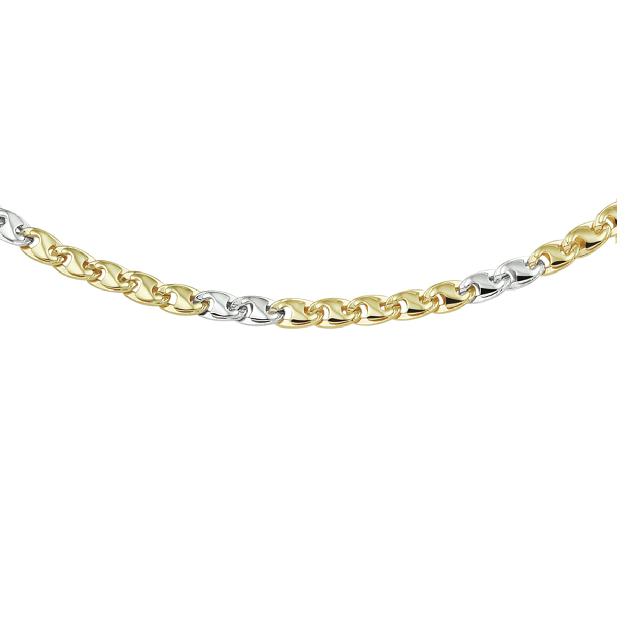 Bicolor wit- geelgouden collier met een lengte van 45cm en een schakelbreedte van 4.3mm. Dit collier is te combineren met bijpassende sieraden uit onze collectie.