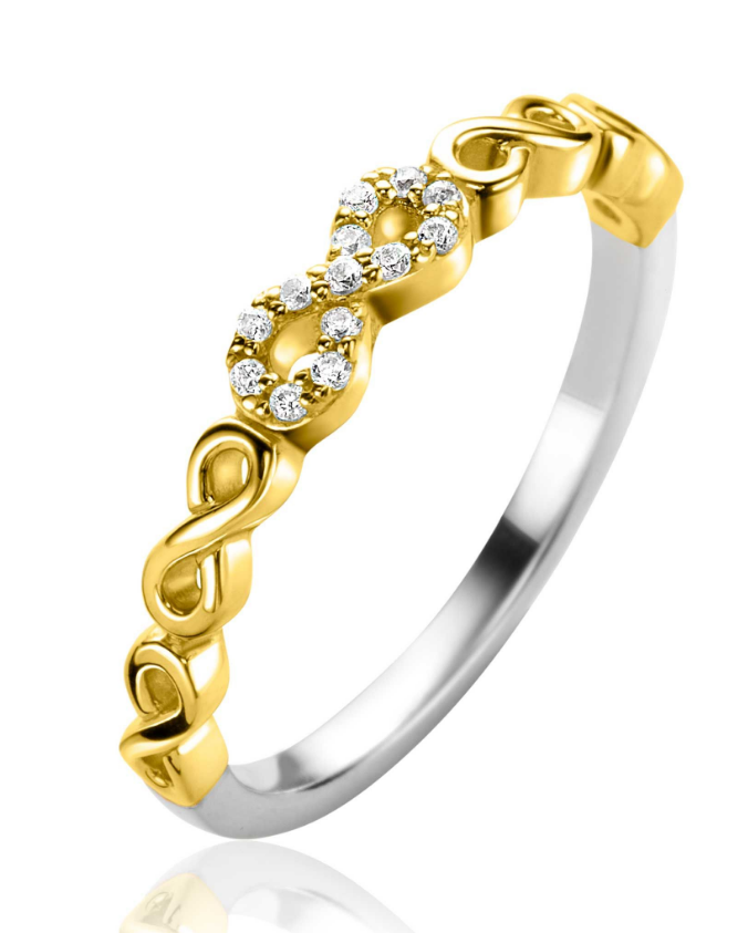 ZINZI gold plated zilveren aanschuifring met vijf sierlijke Infinity schakels, waarvan de middelste bezet is met witte zirconia's. De ring is 3mm breed. Gemakkelijk te combineren met andere zilveren ZINZI aanschuifringen. Mix & Match! De ring is vervaardigd van eerste gehalte zilver (925) en extra geel verguld.