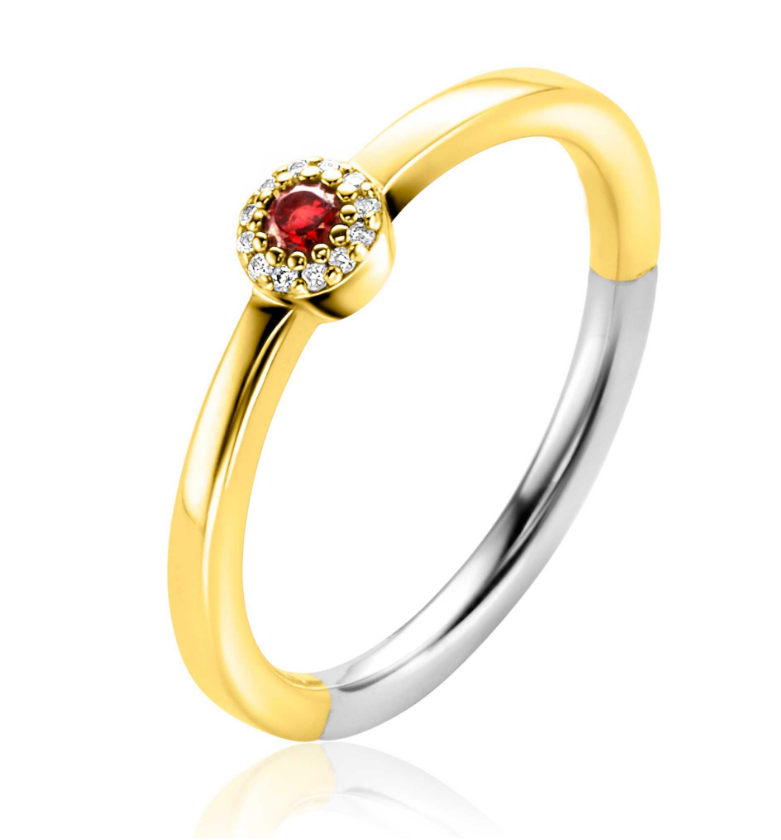 ZINZI gold plated zilveren ring ronde zetting met rood granaat kleursteen en rondom witte zirconia's 4,5mm breed ZIR2560