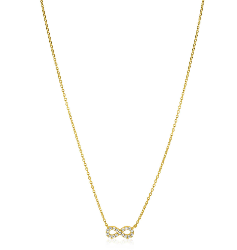 ZINZI gold plated zilveren ketting met sierlijk Infinity teken, vol bezet met witte zirconia's. De lengte van de ketting is te variëren tussen 42-45 cm. Vervaardigd van eerste gehalte zilver (925) en extra geel verguld.