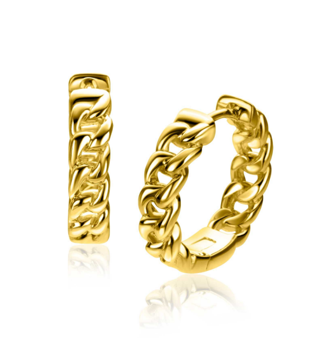 ZINZI gold plated zilveren oorringen 18 x 4,5mm met gourmet schakels. Met luxe en gemakkelijke klapsluiting. De doorsnede van deze oorringen is 18mm en de breedte van de schakel is 4,5mm. Vervaardigd van eerste gehalte zilver (925) en extra geel verguld