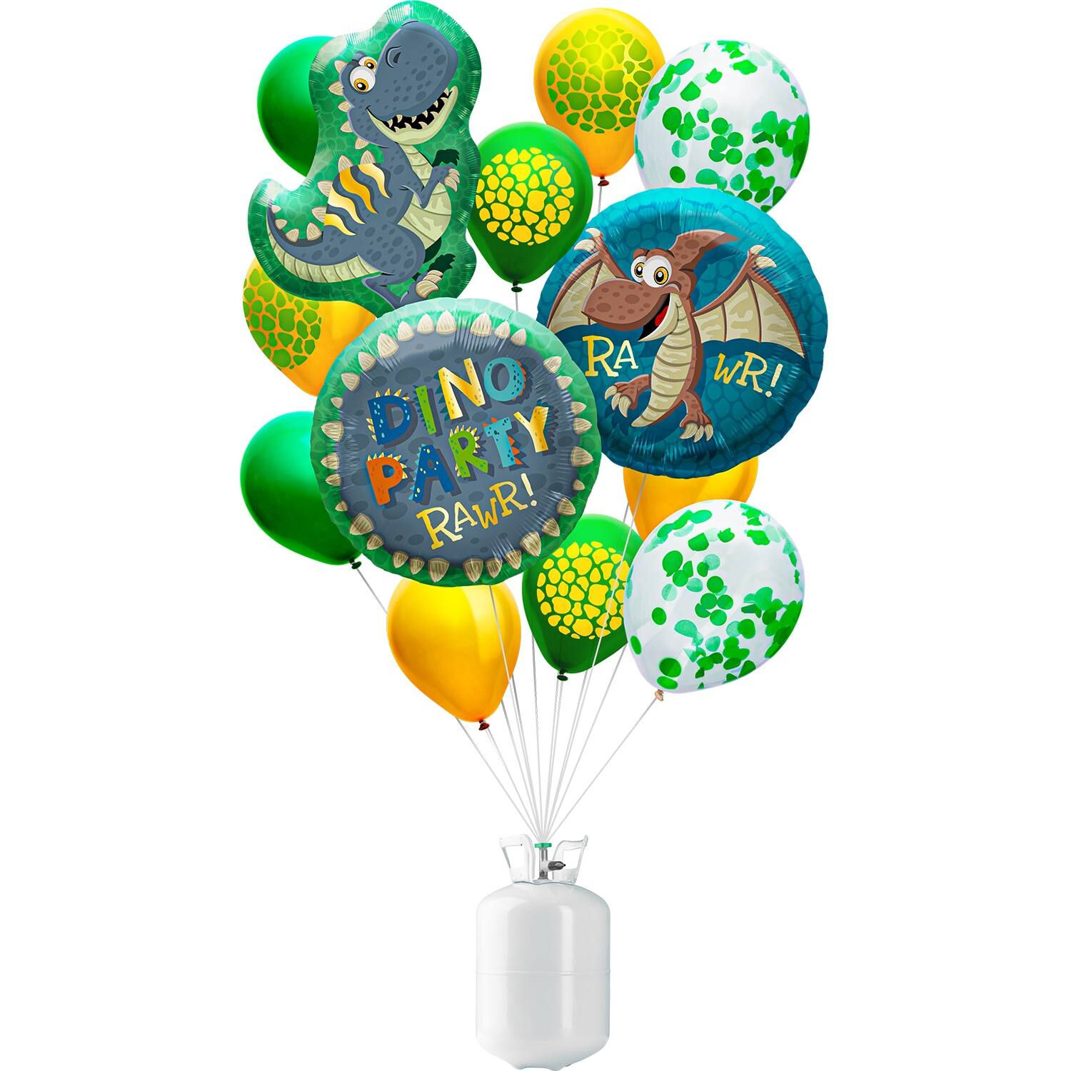 Direct een groot dino feest! BalloonGaz Set - Cilinder 30 - Dino - 15 ballonnen. Inhoud: 1 helium cilinder met 15 ballonnen en lint. Bijvoorbeeld te gebruiken tijdens de volgende feestgelegenheid/feestgelegenheden: Verjaardag, Jubileum, Themafeest. Een handige BalloonGaz set om er direct een groot Dino feest van te maken. Deze set bestaat uit: één BalloonGaz cilinder 30, 1 folieballon in dino-vorm, 2 ronde folieballonnen met dino-ontwerp, 8 gele en groene latexballonnen waarvan 4 met opdruk, 2 transparante latexballonnen met groene confetti een rol wit lint van ongeveer 40 meter.