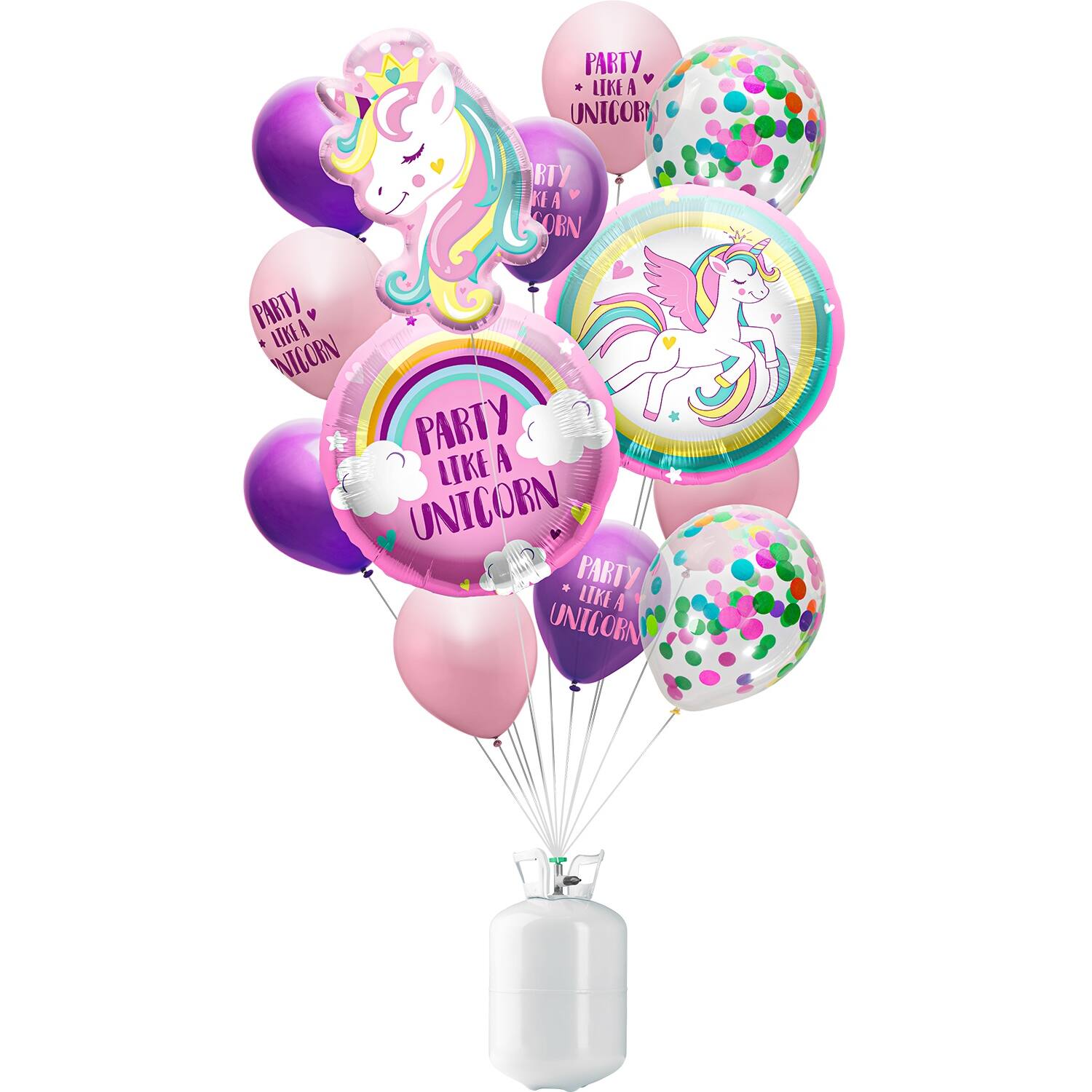 Direct een groot eenhoorn feest! BalloonGaz Set - Cilinder 30 - Eenhoorn - 15 ballonnen. Inhoud: 1 helium cilinder met 15 ballonnen en lint. Bijvoorbeeld te gebruiken tijdens de volgende feestgelegenheid/feestgelegenheden: Verjaardag, Jubileum, Themafeest. Een handige BalloonGaz set om er direct een groot Eenhoorn feest van te maken.  Deze set bestaat uit: één BalloonGaz cilinder 30, 1 folieballon in eenhoorn-vorm, 1 ronde folieballon met een eenhoorn, 1 ronde folie met de tekst "Party like a unicorn", 8 roze en paarse latexballonnen met op 4 ballonnen de tekst "Party like a unicorn", 2 transparante latexballonnen met gekleurde confetti en een rol wit lint van ongeveer 40 meter. 