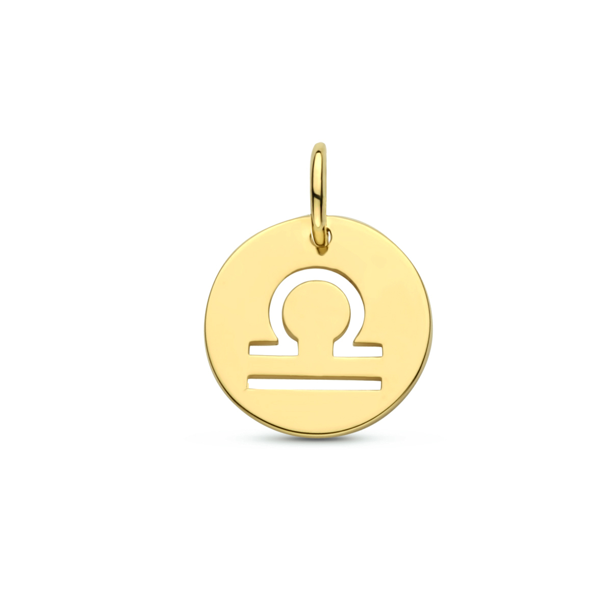 14k Geelgouden hanger uitgevoerd met het sterrenbeeld weegschaal. De hanger heeft een totale hoogte van 1.3cm en een diameter van 10mm.