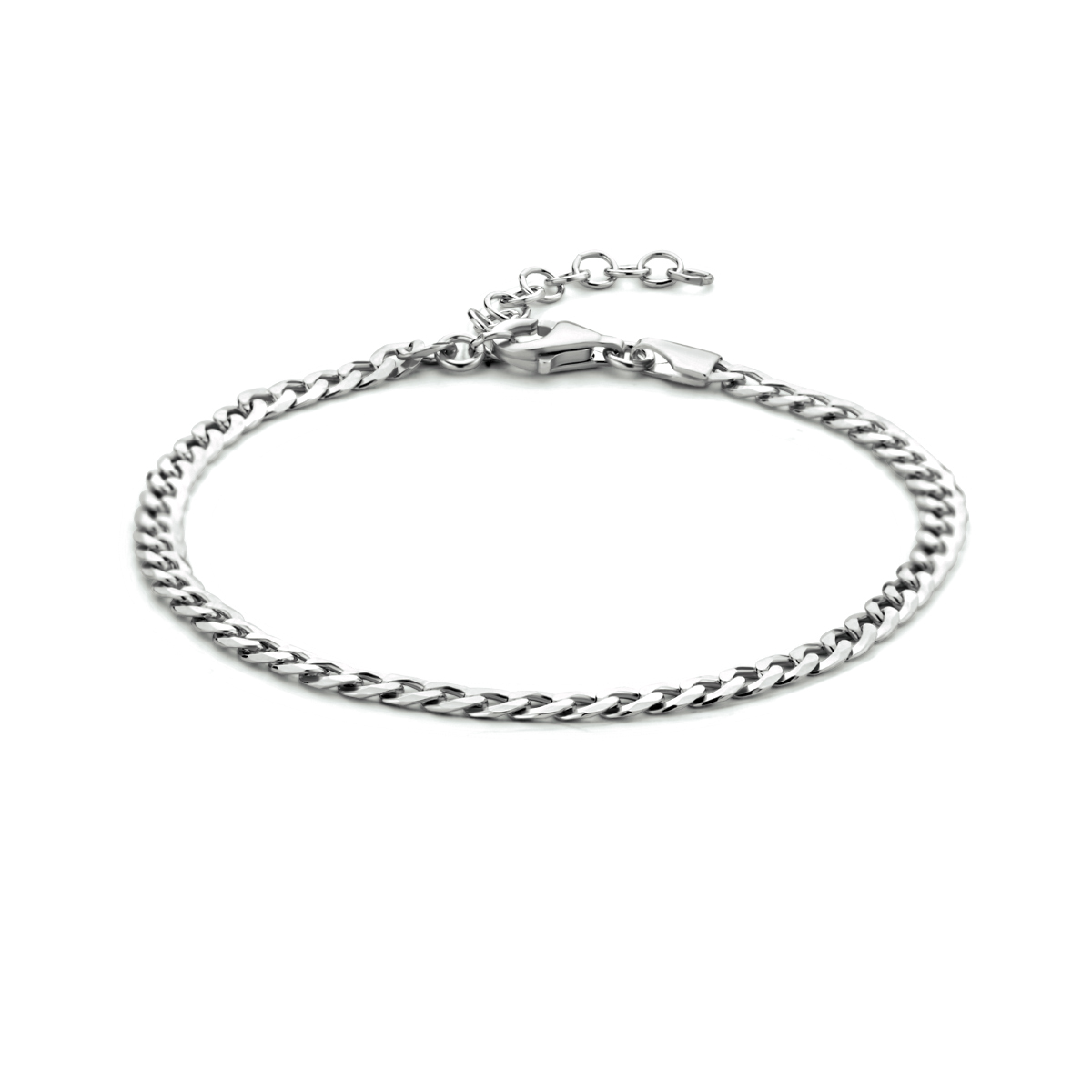 Gerhodineerd 925 zilveren gourmet armband uitgevoerd met een karabijn sluiting. De armband heeft een draaglengte van 16cm en een extensie van 3cm.