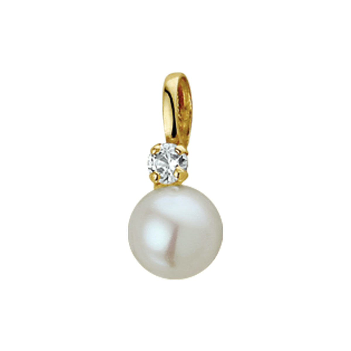 Beschrijving: Geelgouden hanger met zoetwaterparel en zirkonia. 
Verpakt per: 1
Doelgroep: dames
Breedte: 6 mm