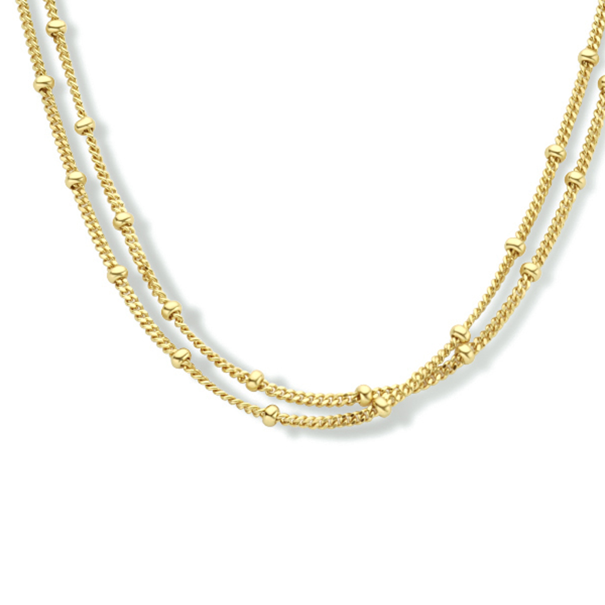 Geelgoud op 925 zilveren collier uitgevoerd met bolletjes en een stevige karabijn sluiting. Het collier heeft een breedte van 2x 2mm en draaglengtes van 35, 37 en 39cm.