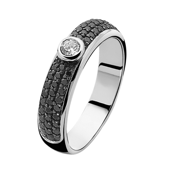 ZINZI zilveren ring met drie rijen zwart zirconia en in het midden een ronde witte zirconia. Vervaardigd van eerste gehalte zilver (925) en met extra rodiumlaag voor een langdurige glans.