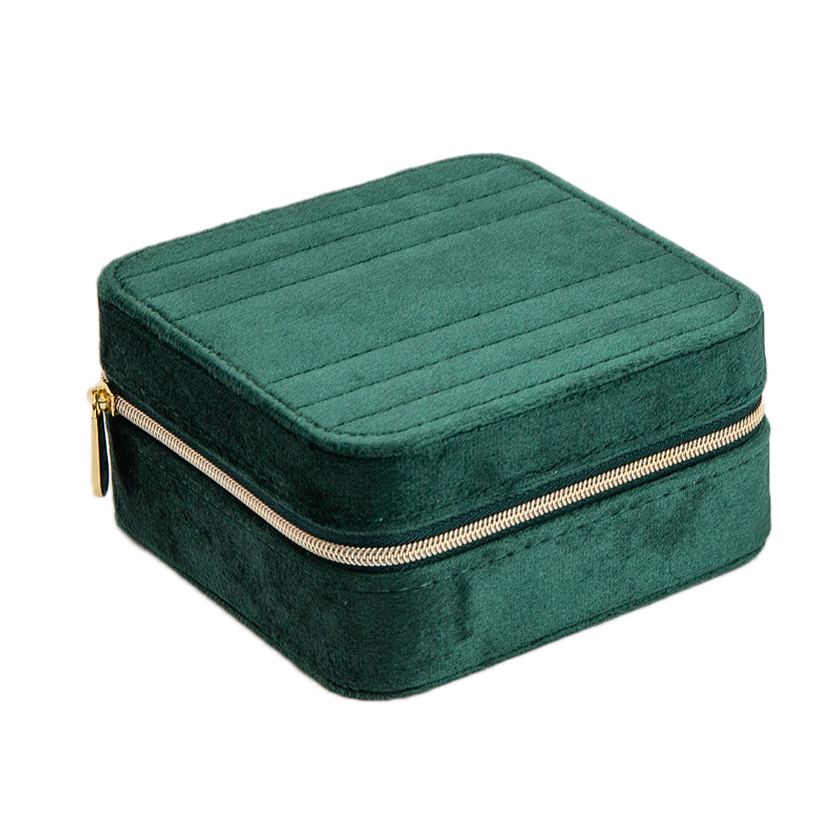 Luxe sieradenbox in de kleur groen uitgevoerd met een goudkleurige rits sluiting, een klein spiegeltje, verschillende vakjes en een extra vakje achter het spiegeltje. Een compacte box om verschillende sieraden in op te bergen.
