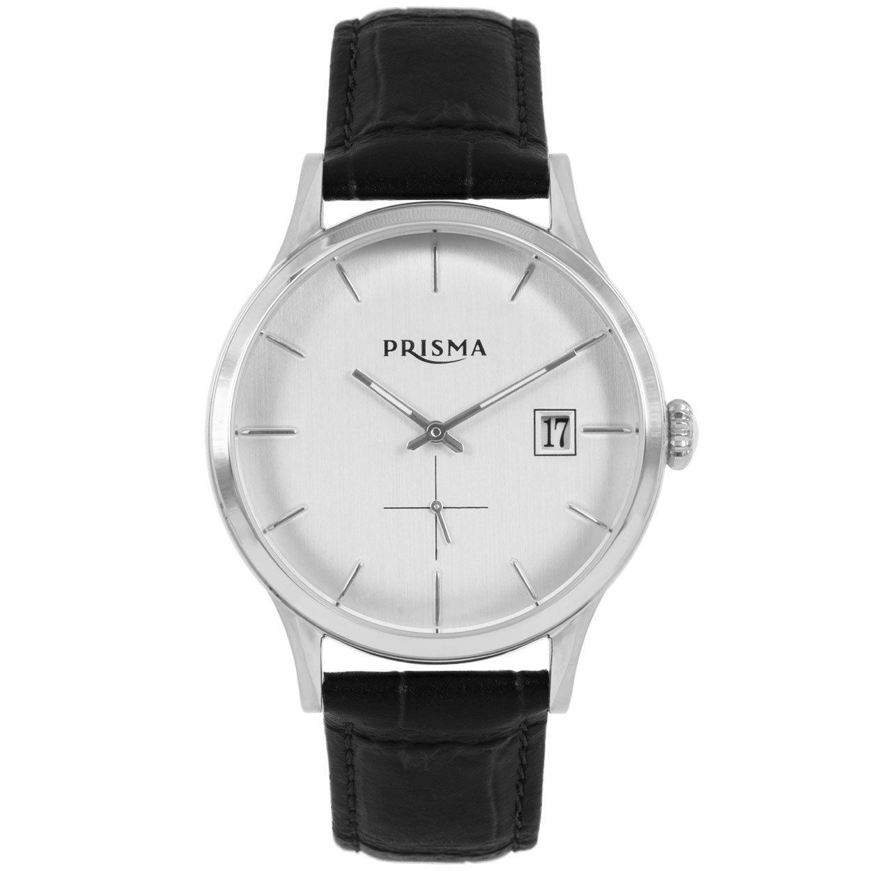 Prisma stalen herenhorloge met zwarte lerenband en retro bol glas