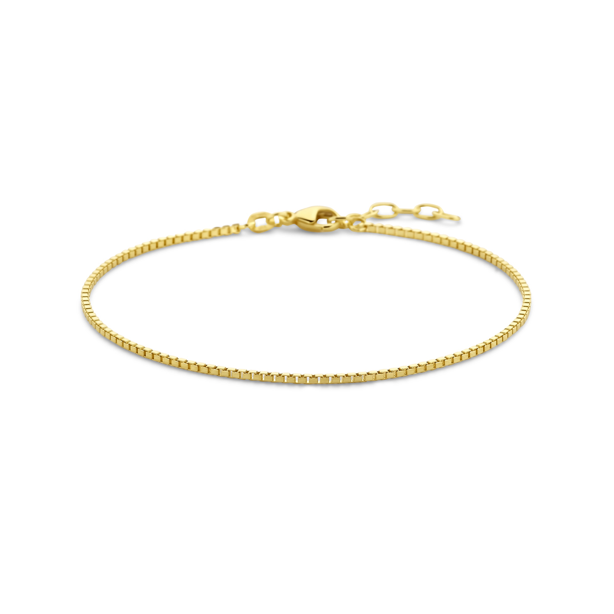 14k Geelgouden armband uitgevoerd met een venetiaans schakel van 1.3mm. De armband heeft een draaglengte van 19cm met 2cm extensie.