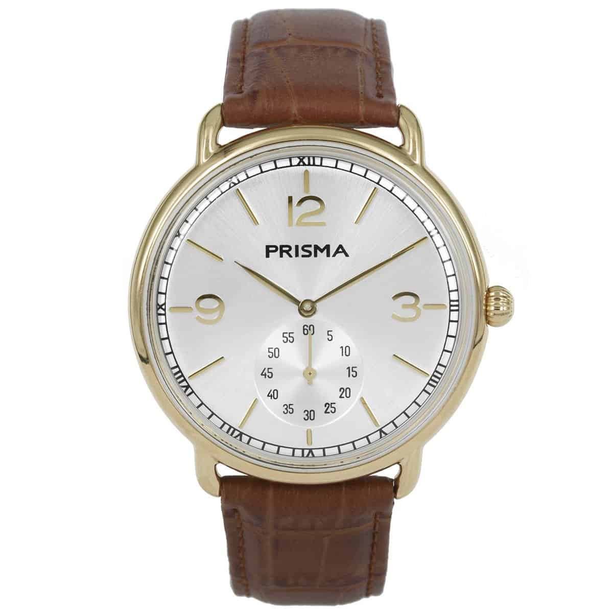 Prisma herenhorloge met retro bol glas, seconde wijzerplaat en bruine lerenband