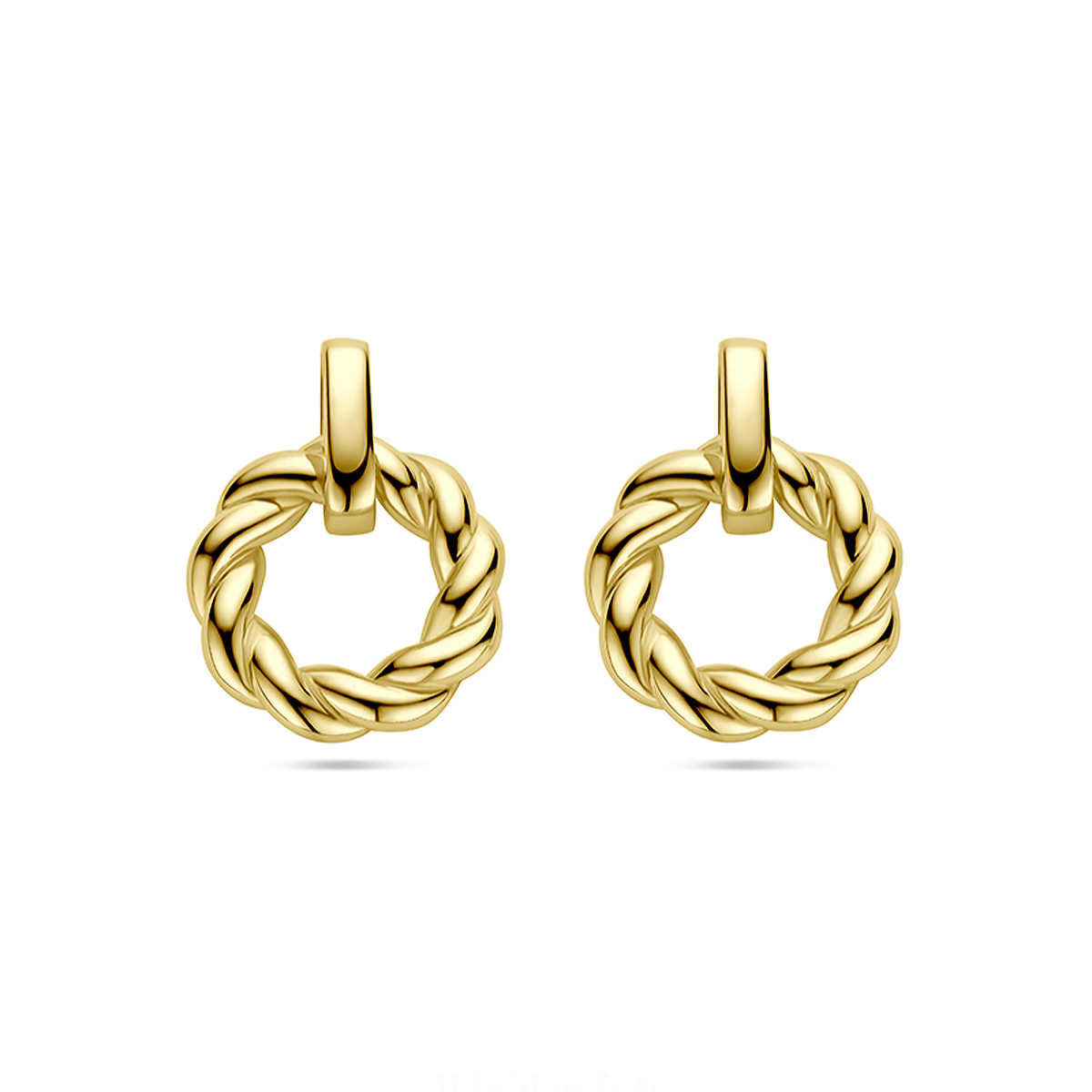 Geelgoud op 925 zilveren oorhangers uitgevoerd met een rondje. De oorhangers hebben een totale hoogte van 21mm. Geen garantie op plating.