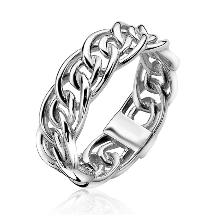 ZINZI CHAIN zilveren ring met stoere fantasie gourmet schakel. Breedte van schakel is 6,5mm. Aan één zijde van de ring is sierlijk Zinzi verwerkt in plaatje, ook opvallend naar voren te dragen. Vervaardigd van eerste gehalte zilver (925) en voorzien van een extra rodium laag voor een langdurige glans.