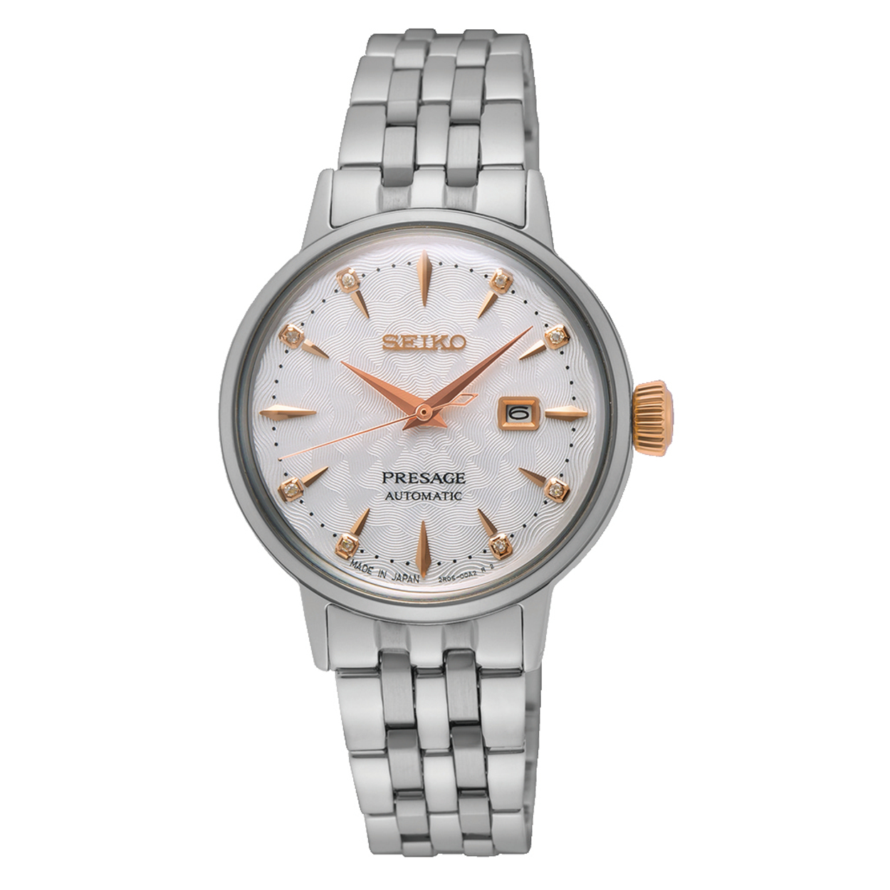 Dit horloge legt met een witte wijzerplaat, rosé gouden wijzers en indexen precies de juiste kleuraccenten om de Clover Club cocktail tot leven te brengen.