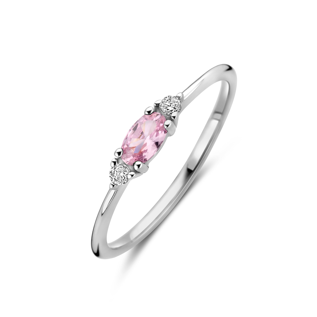 Gerhodineerd 925 zilveren ring uitgevoerd met wit en roze zirkonia. De ring heeft een breedte van 3mm.