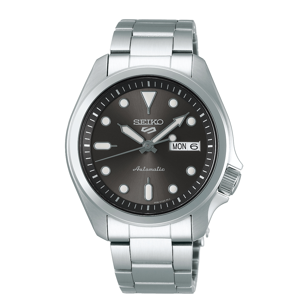 SEIKO 5 SPORTS AUTOMAAT, stalen band en kast, grijze wijzerplaat, witte index, dag en datum.