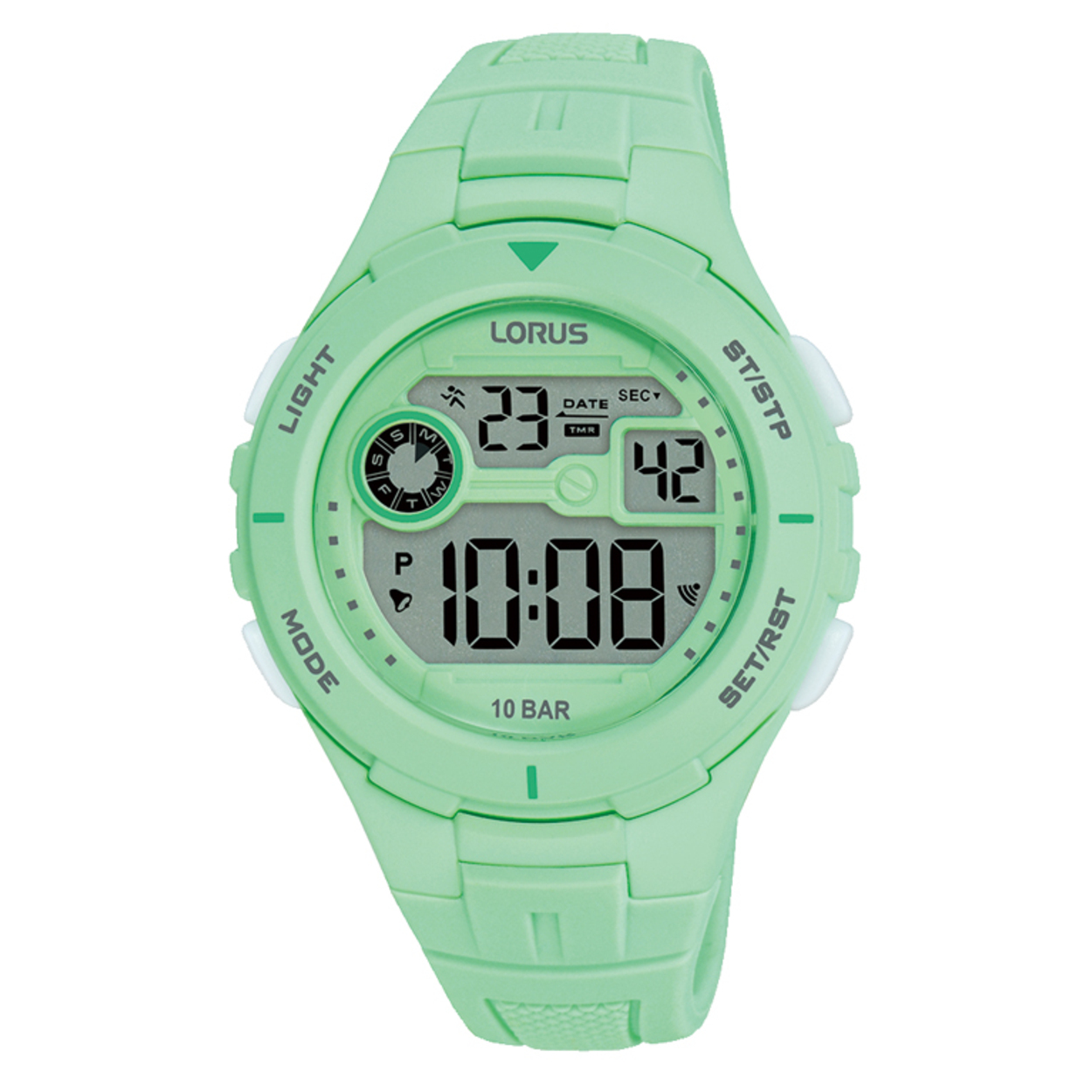 Dit is een herenhorloge van het merk Lorus. Het is een digitaal horloge gemaakt van kunststof. De diameter van de kast is 36 mm en de kast is 13 mm dik.
De verdere specificaties van het horloge zijn als volgt:
Kastvorm: rond
Kastkleur: groen
Kastmateriaal: kunststof
Bandbreedte: 19 mm
Bandlengte: 231 mm
Sluiting: gesp
Wijzerplaatkleur: groen
Glassoort: acryl glas
Waterdichtheid: 10 ATM
Techniek: quartz