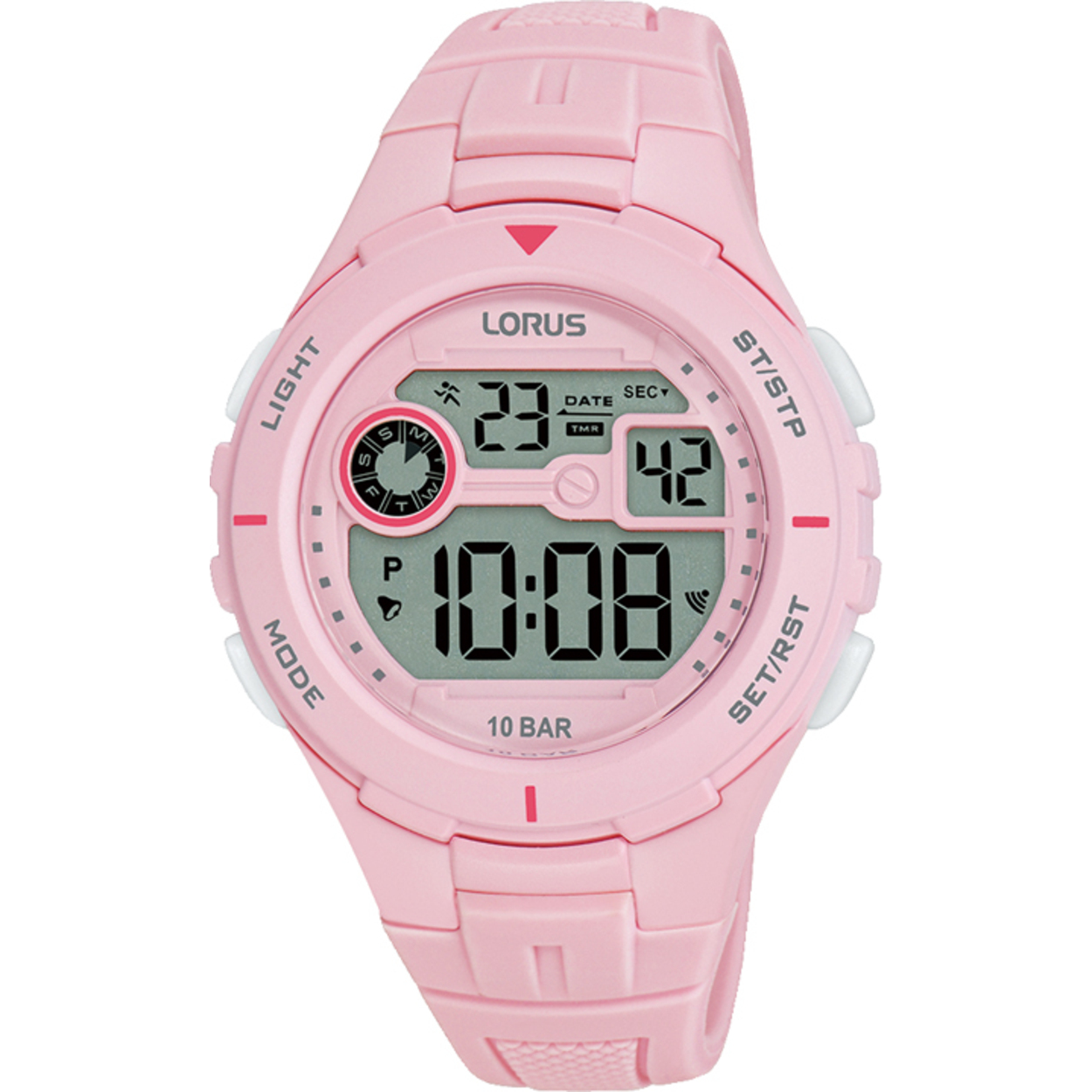 Dit is een herenhorloge van het merk Lorus. Het is een digitaal horloge gemaakt van kunststof. De diameter van de kast is 36 mm en de kast is 13 mm dik.
De verdere specificaties van het horloge zijn als volgt:
Kastvorm: rond
Kastkleur: roze
Kastmateriaal: kunststof
Bandbreedte: 19 mm
Bandlengte: 231 mm
Sluiting: gesp
Wijzerplaatkleur: roze
Glassoort: acryl glas
Waterdichtheid: 10 ATM
Techniek: quartz
