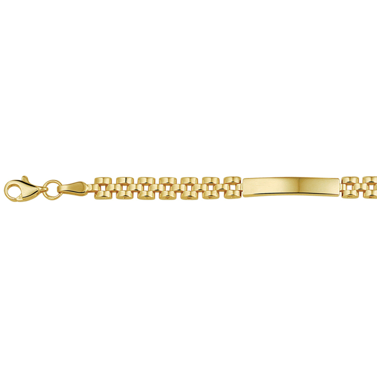 Beschrijving: Geelgouden graveerarmband. 
Verpakt per: 1
Doelgroep: dames
Breedte: 4.5 mm
Langste lengte: 19 mm