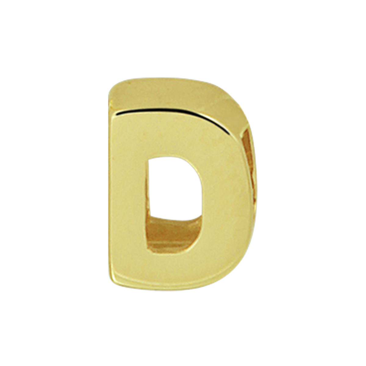 Geelgouden hanger uitgevoerd in de letter D. De hanger heeft een afmeting van 6.0x4.5mm.