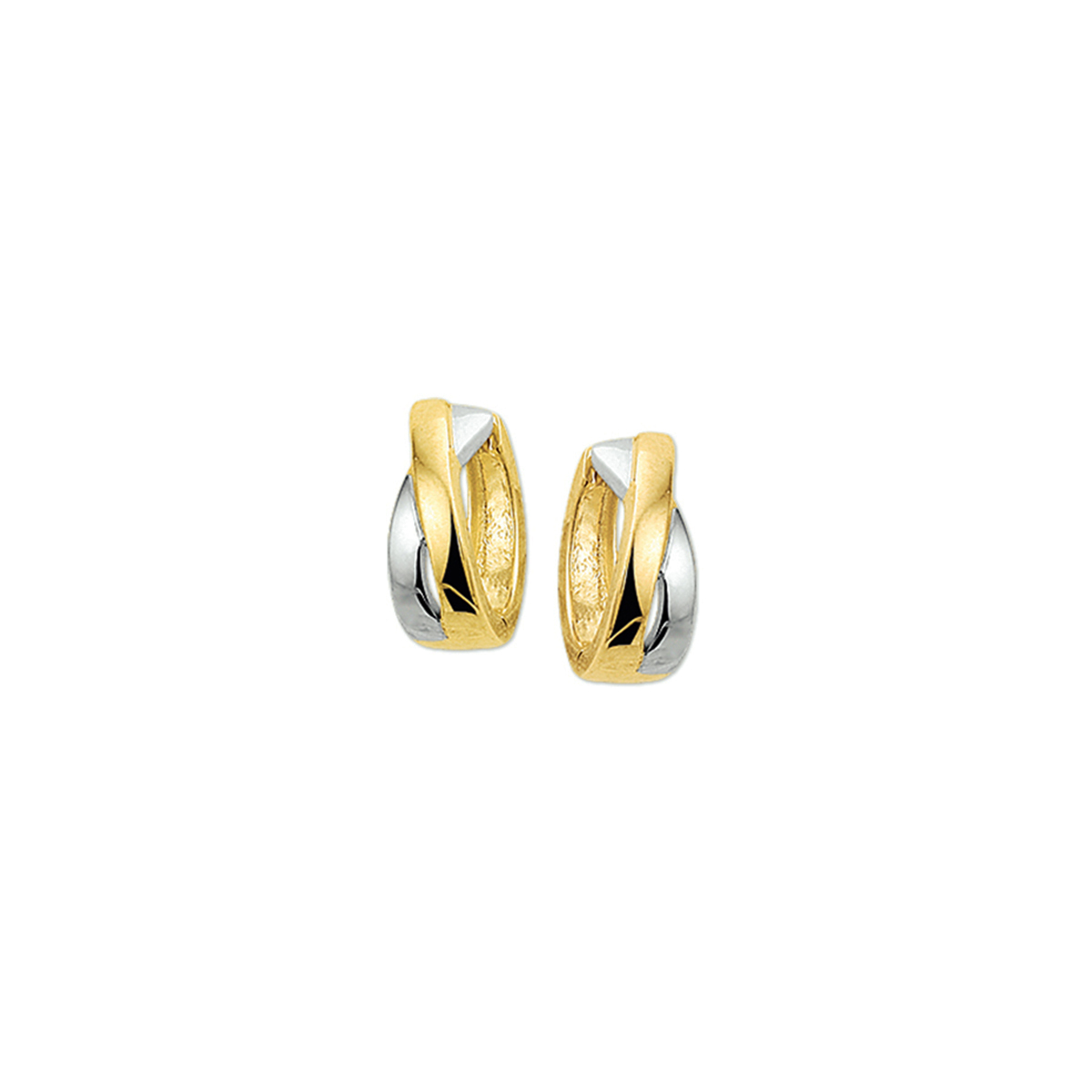 Beschrijving: Bicolor wit- en geelgouden klapcreolen met een poli afwerking. 
Verpakt per: 1
Doelgroep: dames
Breedte: 5 mm