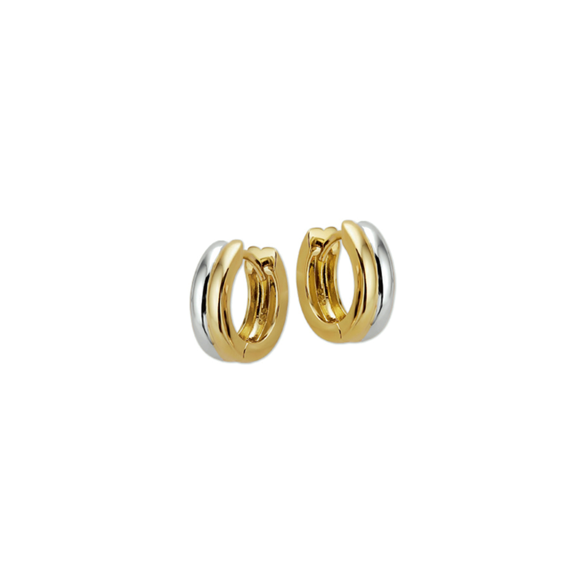 Beschrijving: Bicolor wit- en geelgouden klapcreolen. 
Verpakt per: 1
Doelgroep: dames
Breedte: 4 mm
