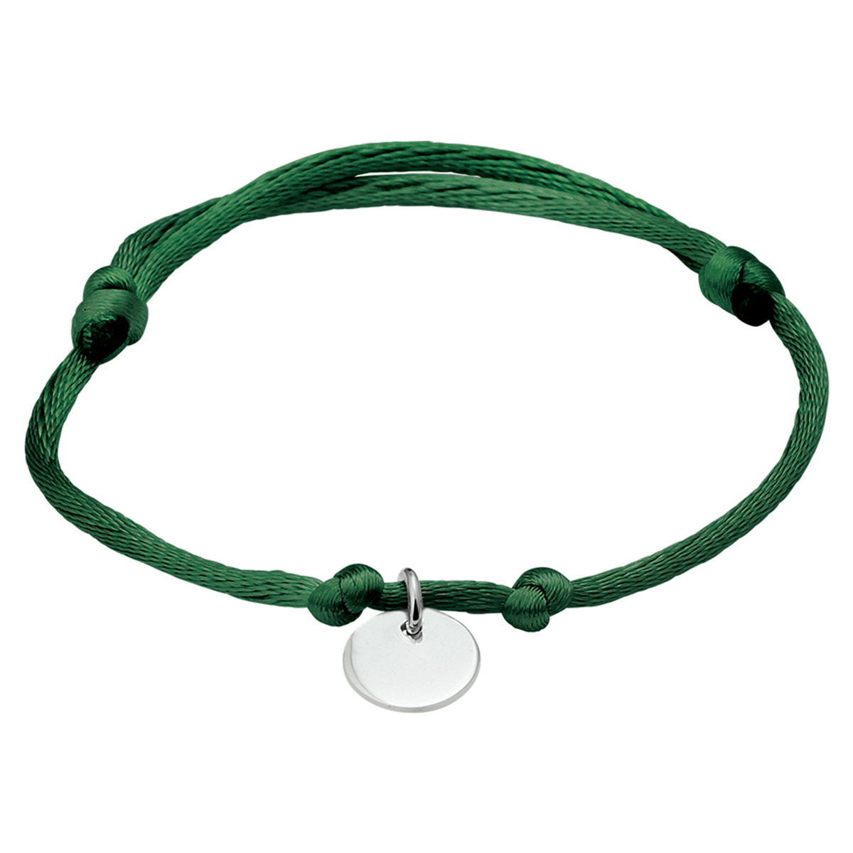 Donkergroen gevlochten armband uitgevoerd met een gerhodineerd 925 zilveren rondje. De armband heeft draaglengtes van 13 tot 26cm. Het rondje heeft een diameter van 10mm.