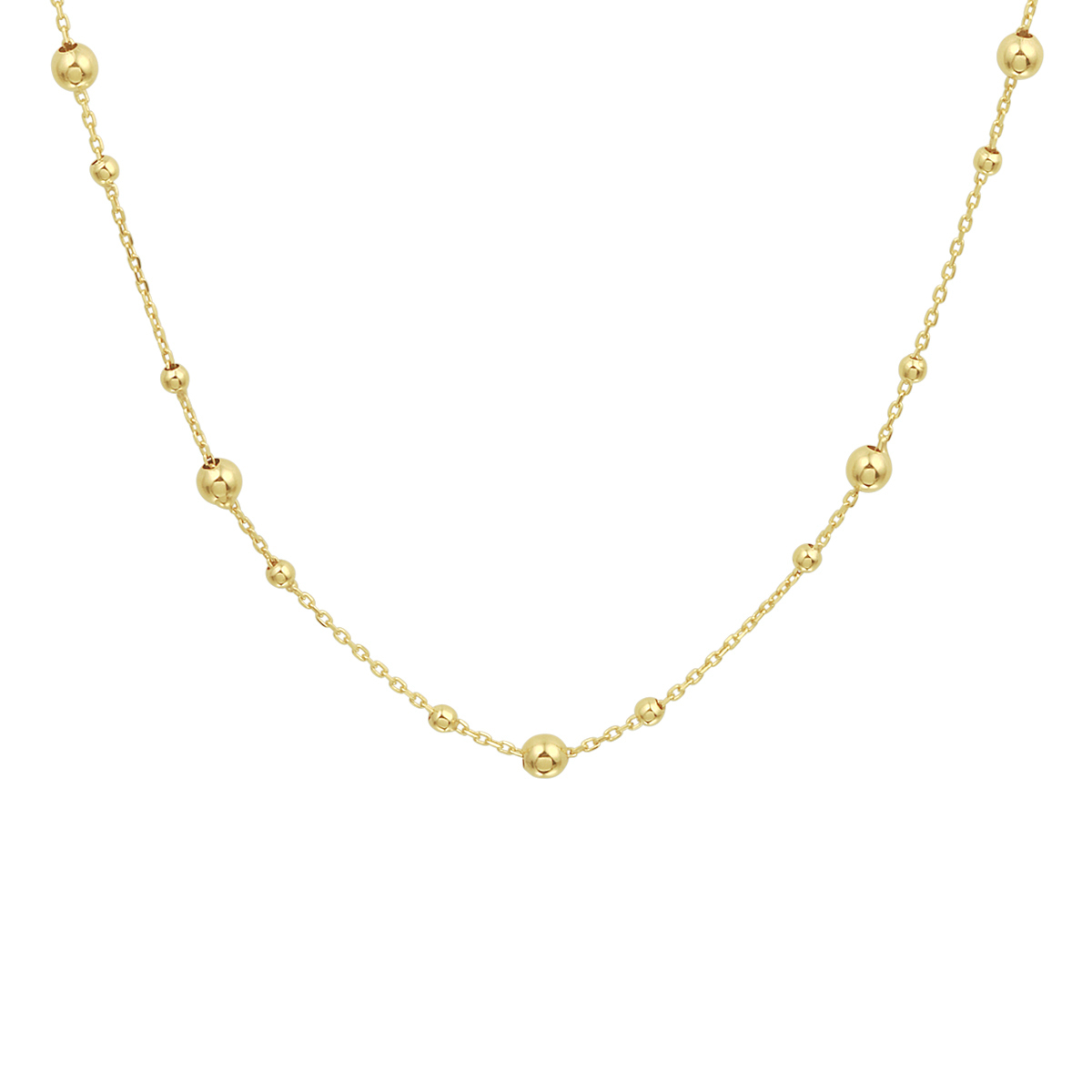 14k Geelgouden collier uitgevoerd met bolletjes van 2 en 3mm. Het collier heeft een draaglengte van 41cm met een extensie van 4cm en een stevige karabijn sluiting.