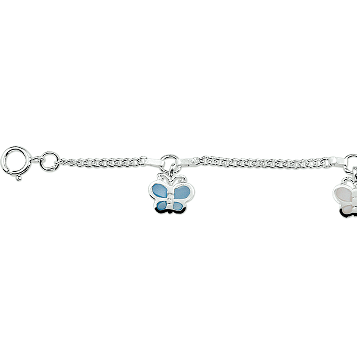 Beschrijving: Zilveren armband met vlinders van parelmoer. De lengte van de armband bedraagt 13cm met 2cm extensie. 
Uniekenummer serie: 29204
Doelgroep: kinderen
Breedte: 1.8 mm
Kortste lengte: 13 mm
Langste lengte: 15 mm