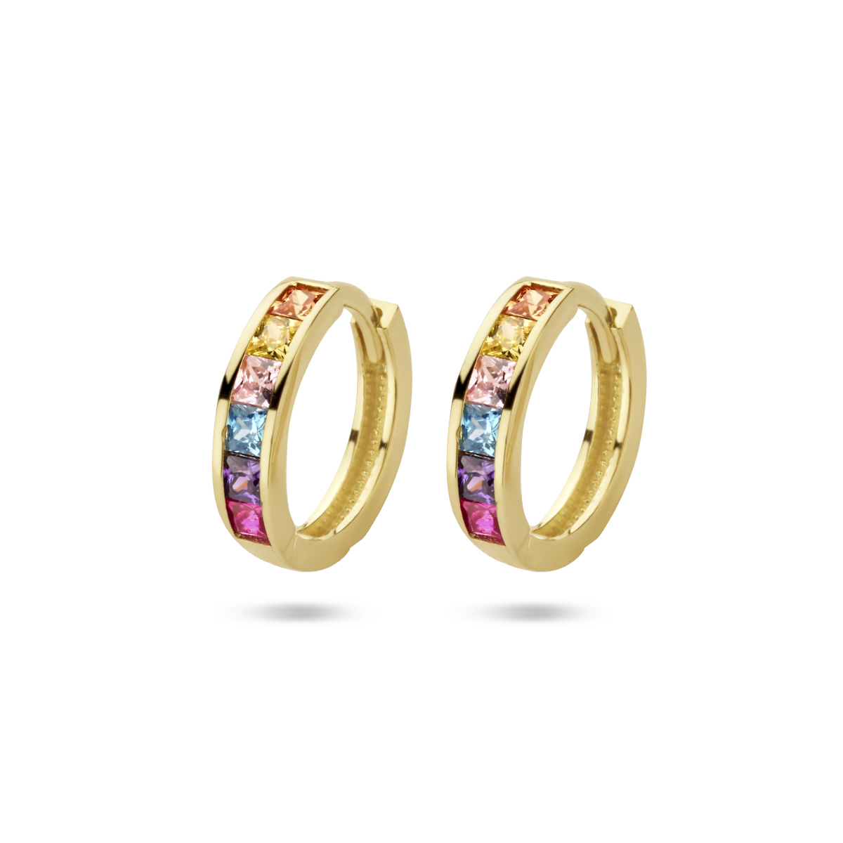 14k Geelgouden klapoorringen met gekleurd zirkonia.