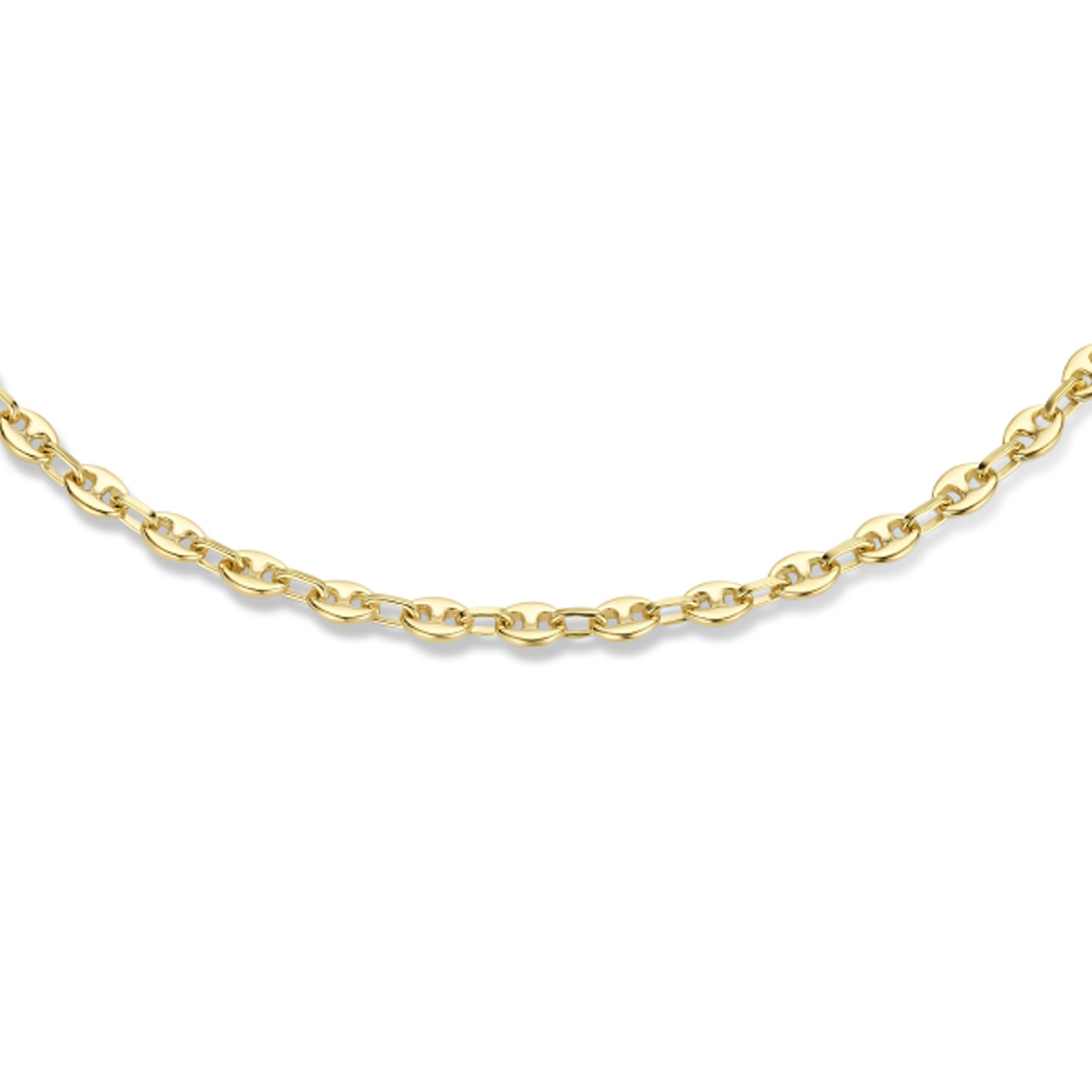 Geelgoud op 925 zilveren collier uitgevoerd met karabijnsluiting. Het collier heeft een draaglengte van 42cm met een extensie van 3cm. De schakelbreedte is 5mm. Geen garantie op plating.
