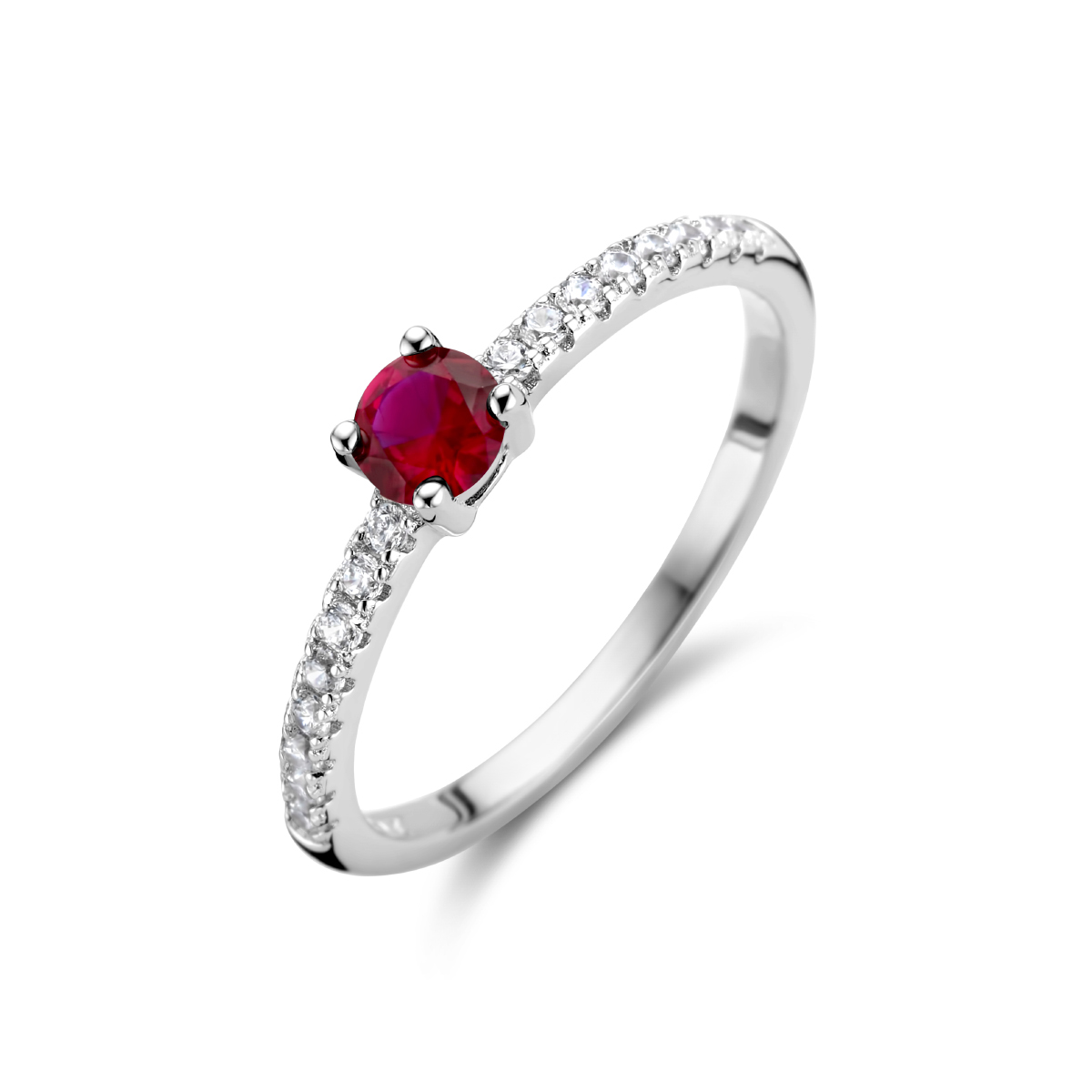 Gerhodineerd zilveren ring uitgevoerd met schitterend wit en rood zirkonia. De ring heeft een breedte van 4mm.