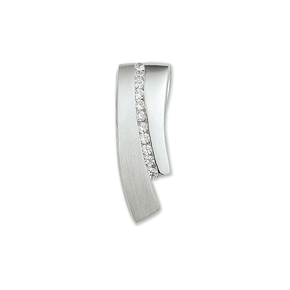 Gerhodineerd zilveren hanger met zirkonia en een poli/matte afwerking. 
Breedte: 9 mm
Hoogte: 26 mm
Zetting: entourage (rail zetting)