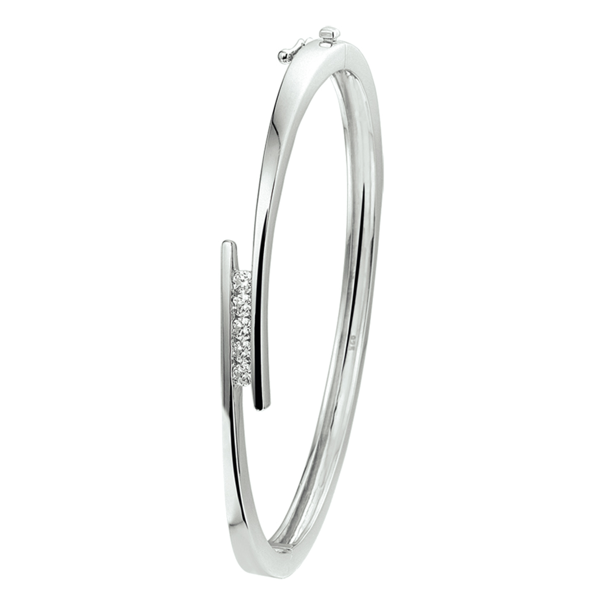Beschrijving: Gerhodineerd zilveren slavenarmband met zirkonia en een scharnier-sluiting. 
Verpakt per: 1
Doelgroep: dames
Breedte: 7.5 mm
Zetting: entourage (rail zetting)