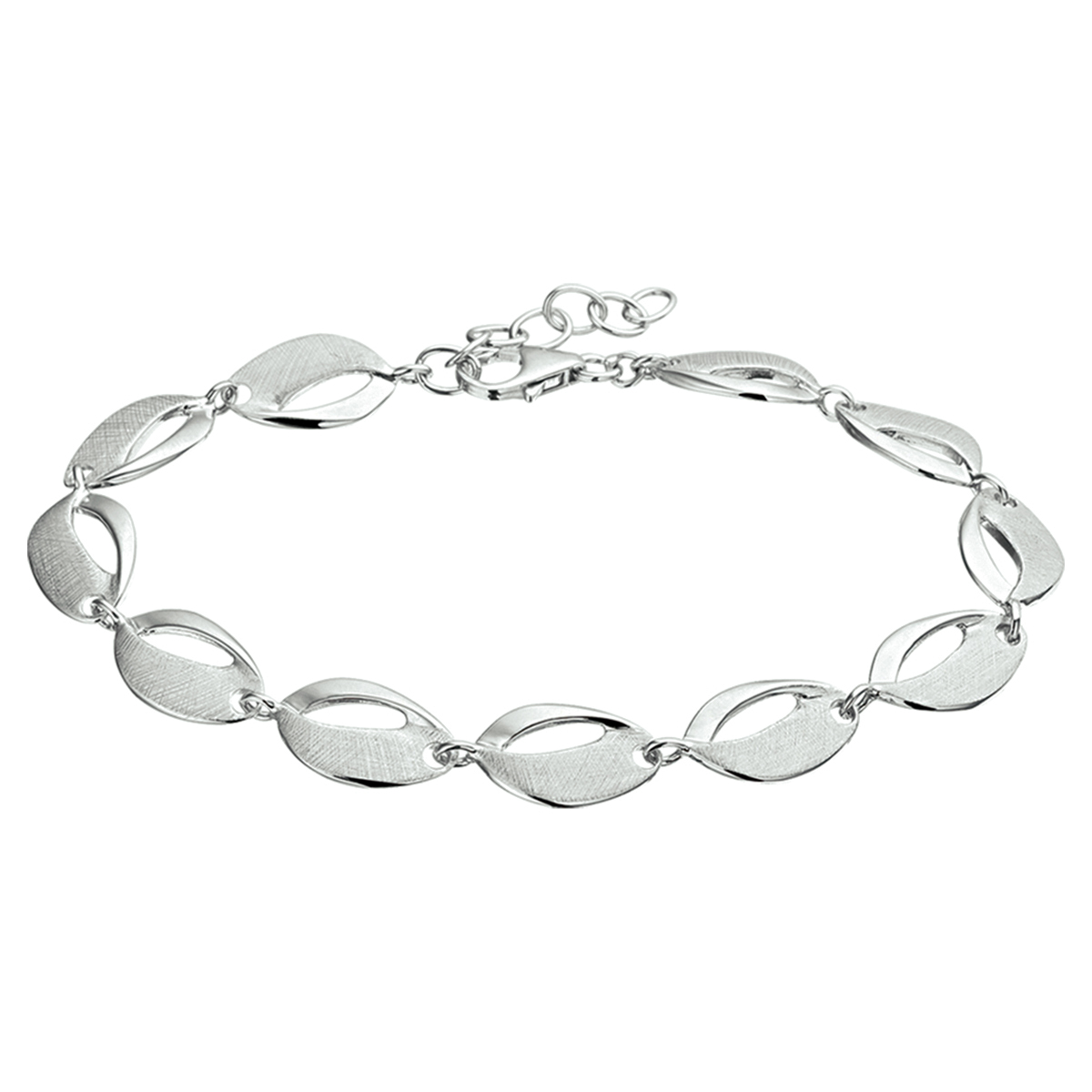 Beschrijving: Gerhodineerd zilveren armband met een poli/gescratchte afwerking. 
Verpakt per: 1
Doelgroep: dames
Breedte: 8.3 mm
Kortste lengte: 18 mm
Langste lengte: 20.5 mm