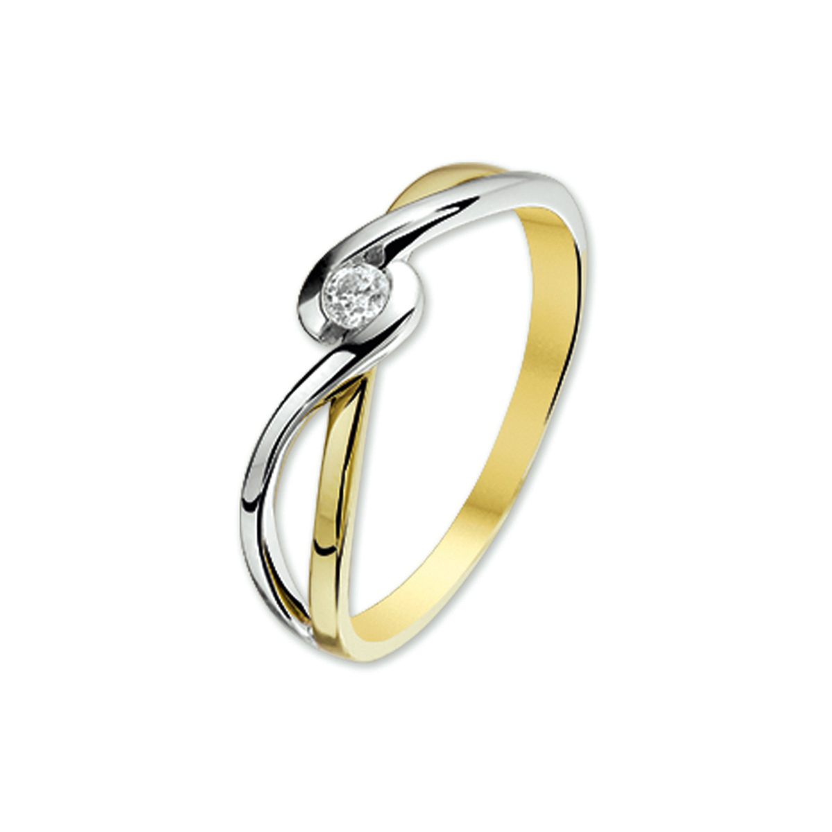 14k bicolor gouden ring met in het midden een zirkonia.