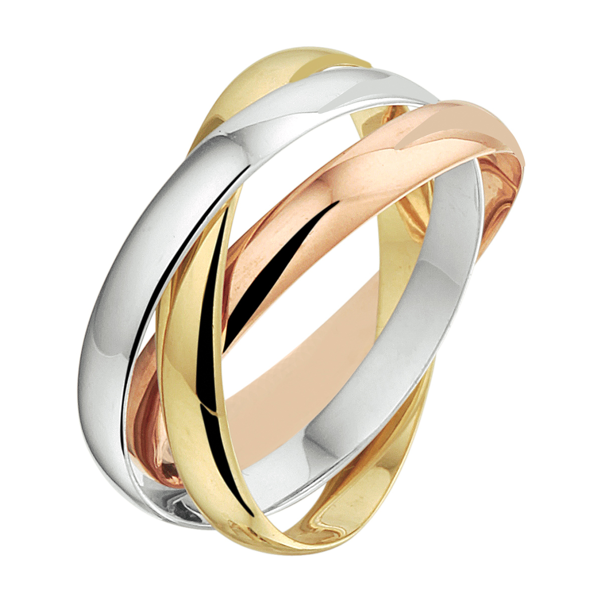 Tricolor wit-, rose- en geelgouden ring bestaande uit 3 in elkaar geplaatste losse ringen. De losse ringen hebben elk een breedte van 2.8mm.