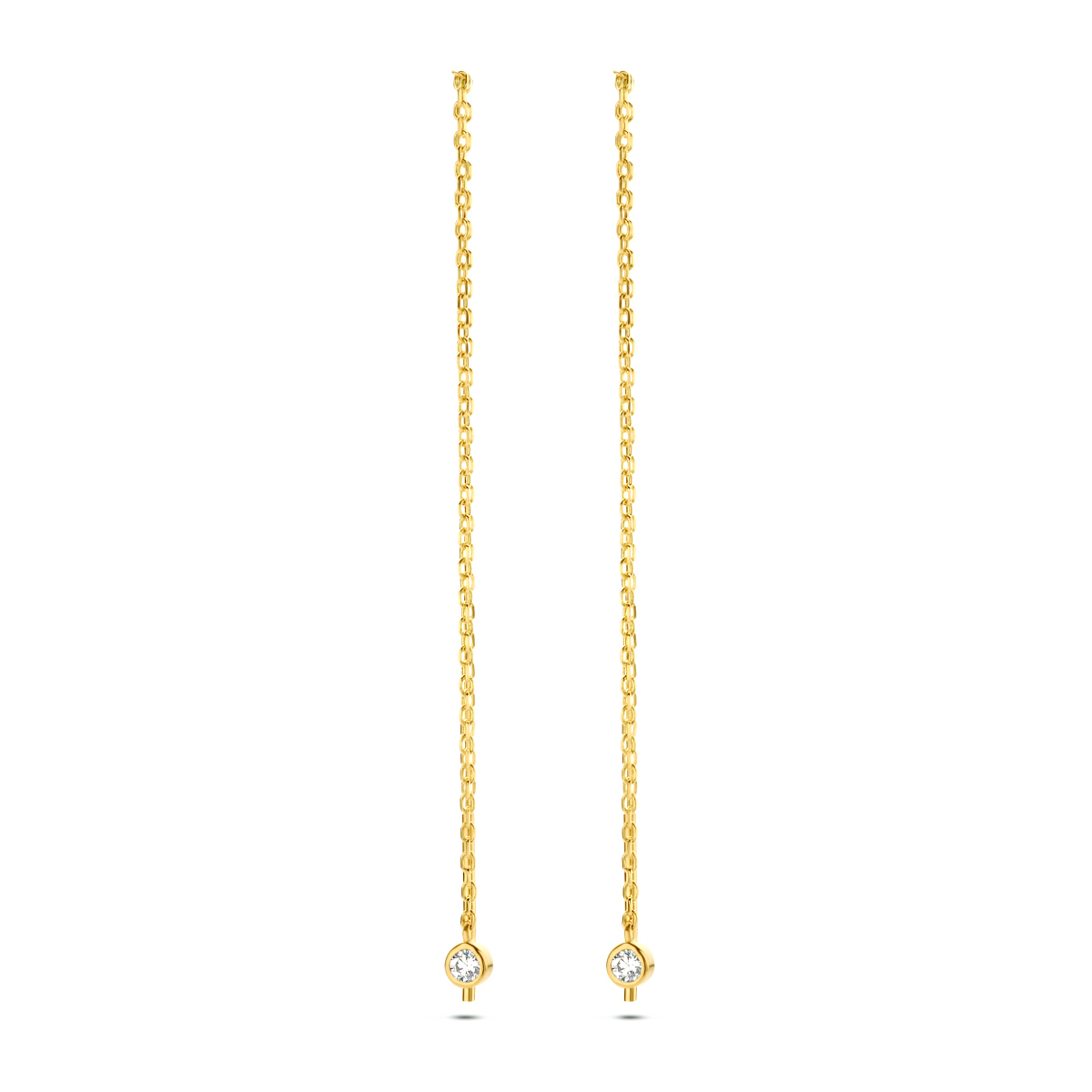 14k Geelgouden doortrekoorbellen met een totale lengte van 9.5cm uitgevoerd met een 0.8mm schakel en een zirkonia in de vorm van rondje van 2.5mm.