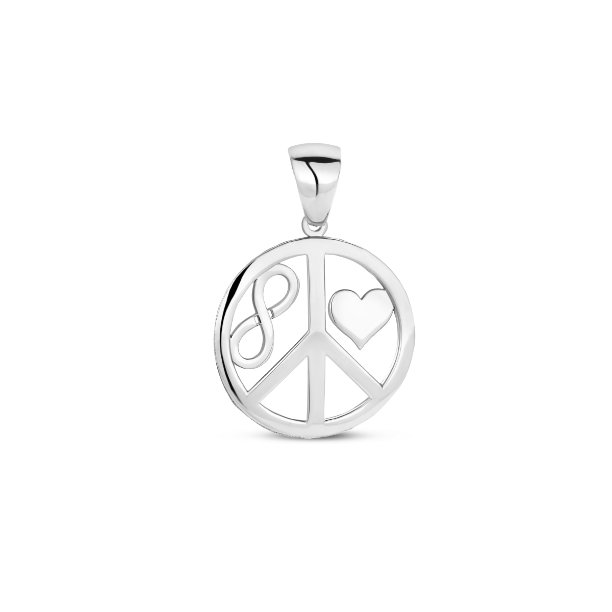 Gerhodineerd 925 zilveren hanger uitgevoerd in de vorm van een cirkel met hart, peace en infinity teken. De hanger heeft een afmeting van 22x15.5mm.