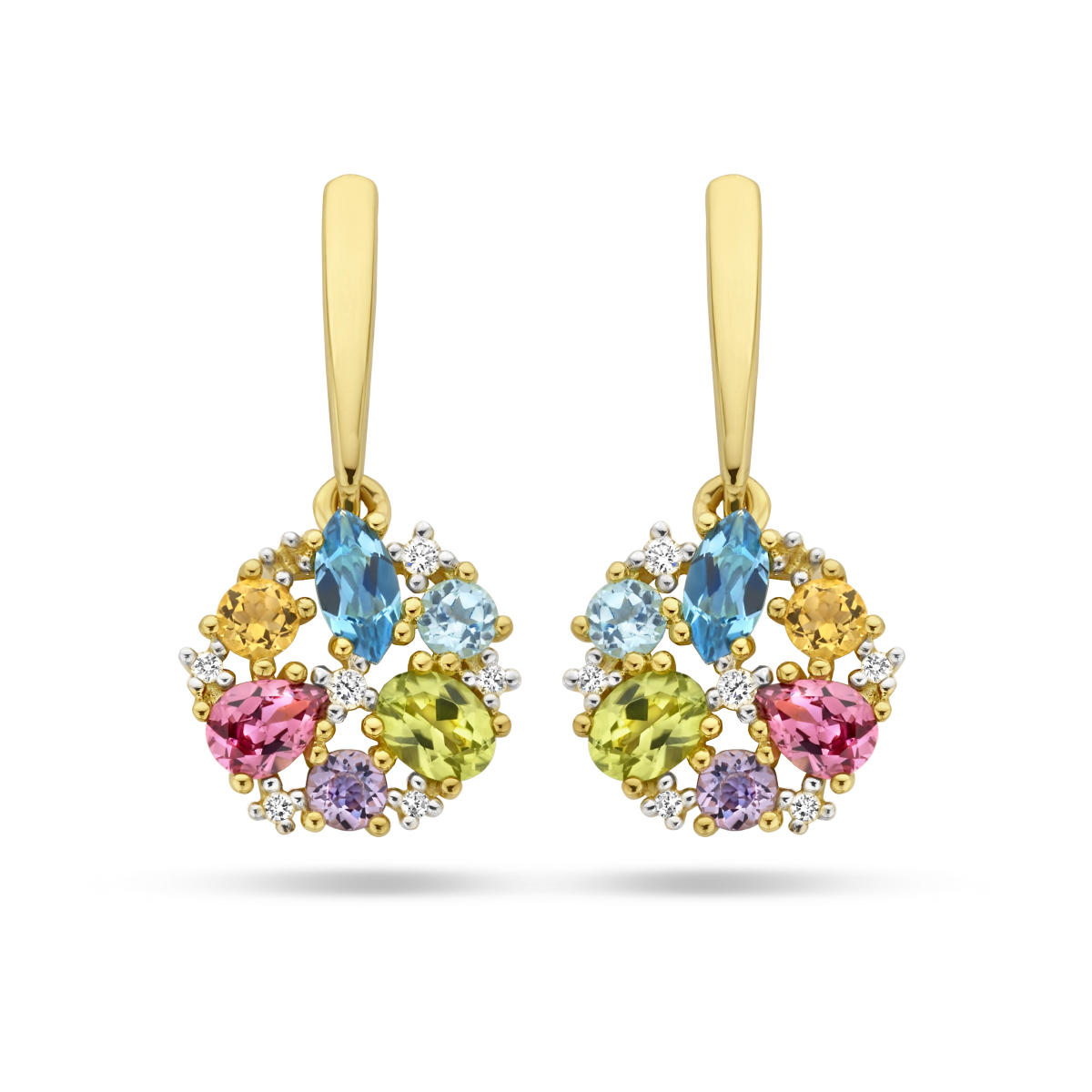 14k Geelgouden oorhangers uitgevoerd met schitterende edelstenen en diamant. De oorhangers hebben een totale hoogte van 21mm. De stenen zijn: amethist, London blue topaas, peridot, roze rhodoliet, citrien.